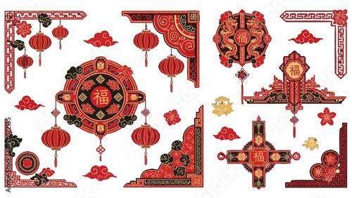 Traditional Chinese Red Decorative Borders, Corners, Lanterns, and Auspicious "Fu" Character with Clouds on Isolated White Background.