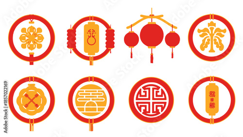 Collection of Traditional Chinese New Year Circular and Square Auspicious Symbols and Lantern Icons on Isolated White Background.