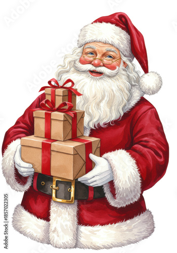 detailed digital watercolor portrait of a benevolent santa claus with a flowing white beard and velvet suit, holding textured kraft christmas gifts, on a transparent background. concept of holiday