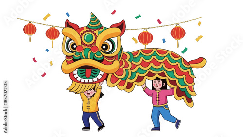 Happy children performing traditional lion dance with lanterns and confetti on an isolated white background.