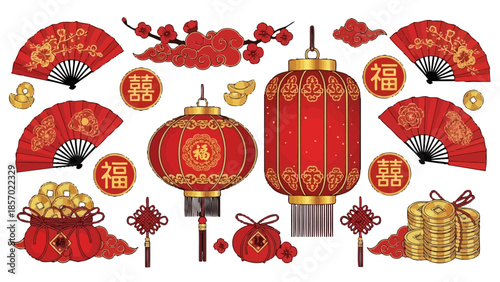 Assortment of Red and Gold Chinese New Year Decorations with Fans, Lanterns, and Gold Coins on Isolated White Background