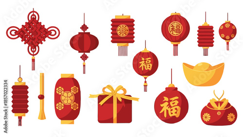 Extensive collection of traditional Chinese New Year decorative elements including various lanterns, lucky knots, gift boxes, and gold ingots on an isolated white background.