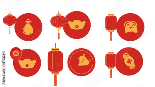 Set of red circular Chinese New Year icons featuring traditional symbols like lanterns, gold ingots, coins, and lucky charms on an isolated white background.