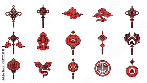 Set of Traditional Chinese New Year Symbols and Decorations Including Lanterns, Knots, and Lucky Clouds on Isolated White Background