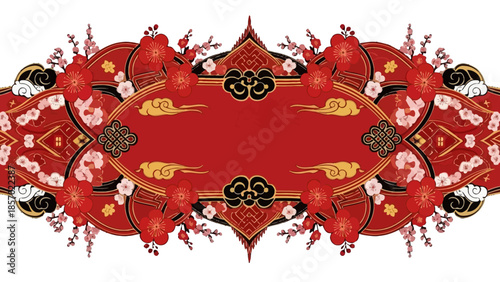 Ornate Red Chinese New Year Decorative Frame with Traditional Patterns and Floral Elements on Isolated White Background