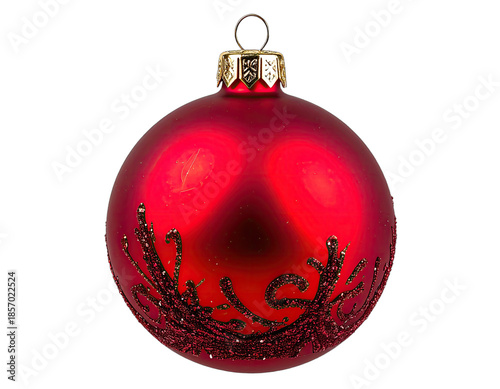A single, round, red Christmas ornament with a decorative, glittering design on the surface
