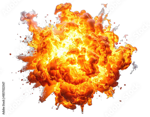 A vibrant, dynamic explosion erupts, featuring shades of red, orange, and yellow against black