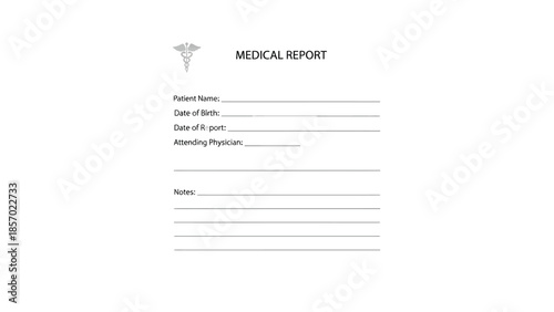 A medical report document with the Caduceus symbol and fields for patient information and physician notes is displayed on a white background.