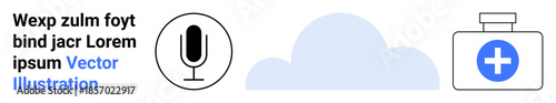 Communication, medical services, health monitoring, cloud storage, technology, smart solutions. Microphone, cloud and health kit icons. Communication and medical services concepts