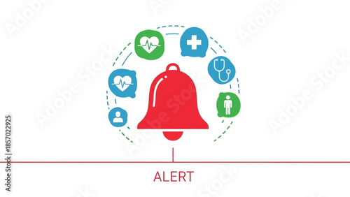 A red alert bell is surrounded by various medical and health icons, representing a healthcare notification or warning system.
