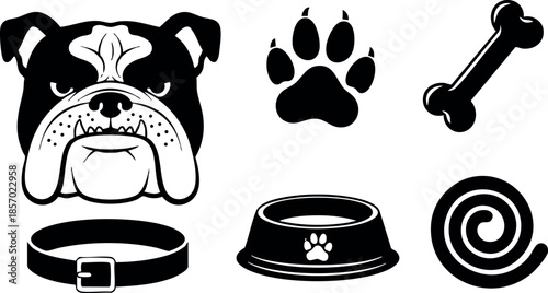 Bulldog dog face paw print bone collar bowl and leash vector illustration black and white 
