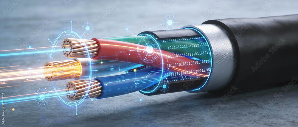 Naklejka premium Industrial power cable in cross section with colored wires and digital HUD interface, representing smart grid technology.