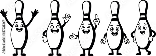 Bowling pins cartoon characters with various joyful expressions and gestures vector illustration 