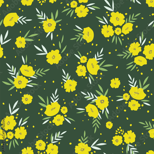 Seamless floral pattern based on traditional folk art ornaments. Colorful flowers on color background. Scandinavian style. Sweden nordic style. Vector illustration. Simple minimalistic pattern.