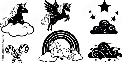 Black and white unicorns with clouds rainbow stars and candy canes vector illustration 