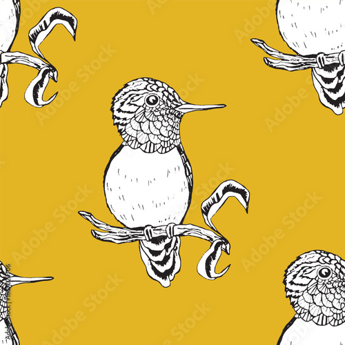 Seamless pattern with funny birds, flowers, leaves. Flat vector illustration with cartoon bird silhouette. Cute characters. Design for invitation, poster, card, textile, fabric.