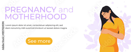 A flat-style banner template featuring a concept of motherhood and pregnancy. A pregnant woman gently caresses her belly while standing in profile. Suitable for flyers, advertisements, brochures, 