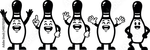 Bowling pins cartoon characters with various hand gestures and facial expressions vector illustration 