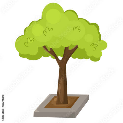 Illustration of a garden tree with lush leaves planted on the sidewalk