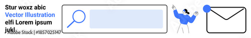 Email management, online search, notifications, communication tools, productivity, and user interactions. Magnifying glass, email icon person pointing. Email management and online search concept