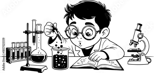 cute boy doing science experiment illustration for education concept, school learning content, stem design, and children study materials