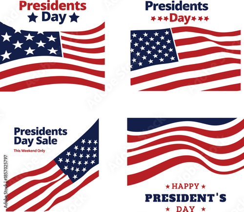 Happy President's Day lettering with American flags vector illustration, Presidents day in USA, calligraphic design for print greetings card, sale banner, poster