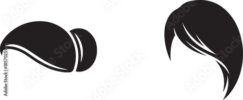 Black abstract shapes representing hair strands on a white background