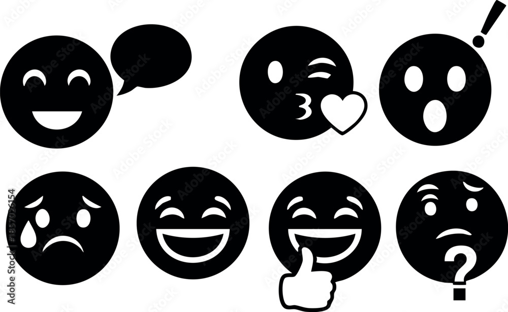 Fototapeta premium Set of seven black emoji faces showing different emotions in vector style 