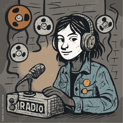 retro radio host leans into the mic, surrounded by reels and warmth of analog storytelling