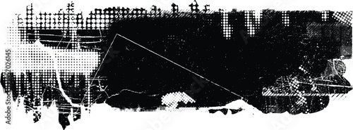 Glitch distorted grunge layer . Noise destroyed texture . Trendy defect error shapes . Overlay grunge texture . Distressed effect .Vector shapes with a halftone dots screen print texture.

