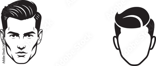 Black and white of a man's detailed face and a simplified head outline silhouette