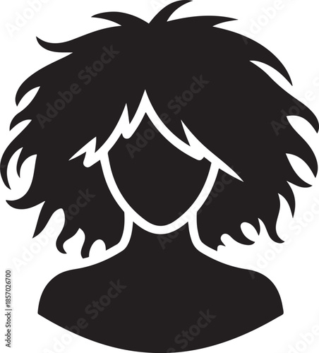 Black silhouette of a person with voluminous curly hair against a white background woman head