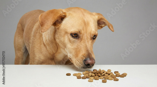 Dog looking at dog food on table with curious expression  