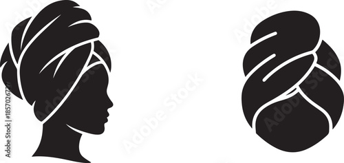 Black silhouette of a woman wearing a wrapped headscarf in profile and a frontal view of a wrapped headscarf