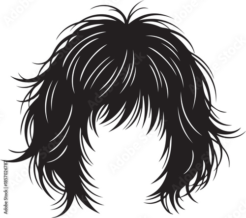 Black silhouette of messy layered medium length hair with bangs on white background hair silhouette