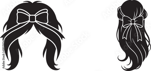 Black silhouette of two hairstyles with bows one front view long hair one side view braided hair silhouette