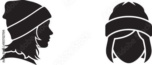 Black silhouette profile and front view of a person wearing a beanie hat with hair detail head