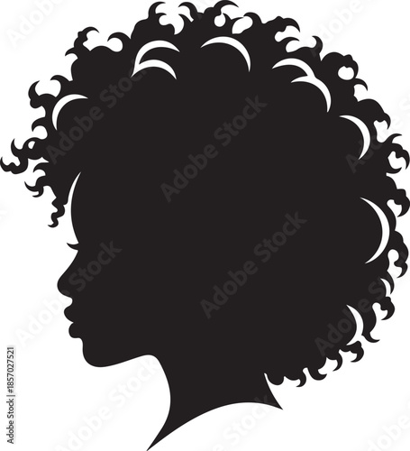 Black silhouette profile of a woman with voluminous curly hair against a white background female head