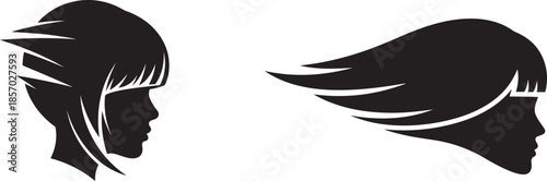 Black silhouette profile of two women with stylized hair blowing in the wind on a white background woman