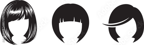 Three black silhouette hairstyles bob cut fringe side swept on white background bangs
