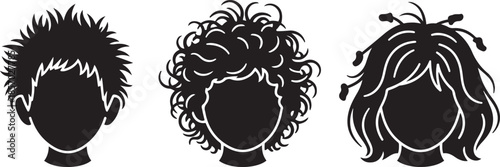 Three black silhouette heads with diverse hairstyles including spiky curly and long flowing hair black and white