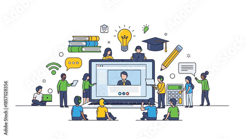 A diverse group of people engage in a collaborative online learning experience, with a central laptop displaying a teacher and various educational icons surrounding them.