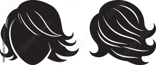 Two black silhouette hairstyles with flowing strands on a white background
