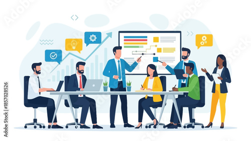 A diverse group of business professionals are actively engaged in a strategic planning meeting, attentively listening to a presenter who is pointing at a data-filled whiteboard.