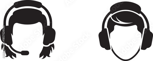 Two black silhouette of heads wearing headphones one with a microphone and long hair the other with short hair