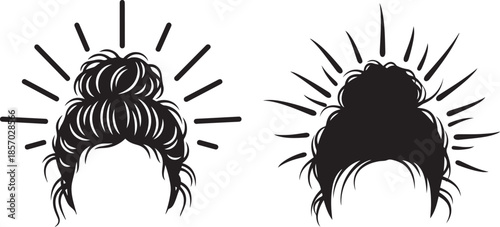 Two black silhouette of messy buns with radiating lines on a white background hair hairstyle black and white