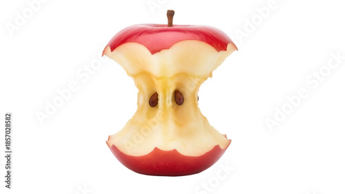 Eaten red apple core isolated PNG on transparent background, fruit waste with seeds and stem for food and healthy eating concepts