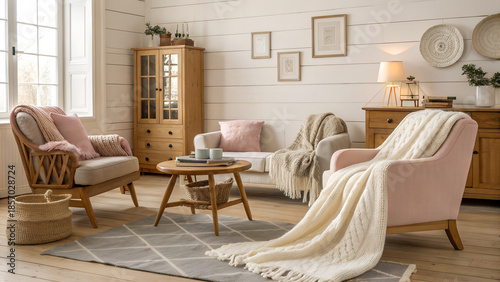 Cozy Scandinavian interior scene with soft wool blankets, wooden furniture, neutral pastel palette, warm natural light, hygge aesthetic, copy space for text