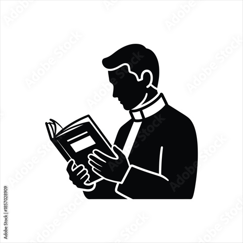 A grayscale illustration depicting a priest reading a book icon