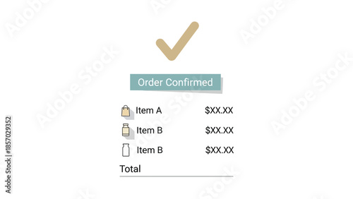 A digital order confirmation screen displays a checkmark and lists items with prices, indicating a successful purchase transaction.